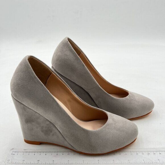 FOWT Grey Wedge Almond Toe Thick High Heel Slip On Comfy Faux Suede Pump - Picture 4 of 8